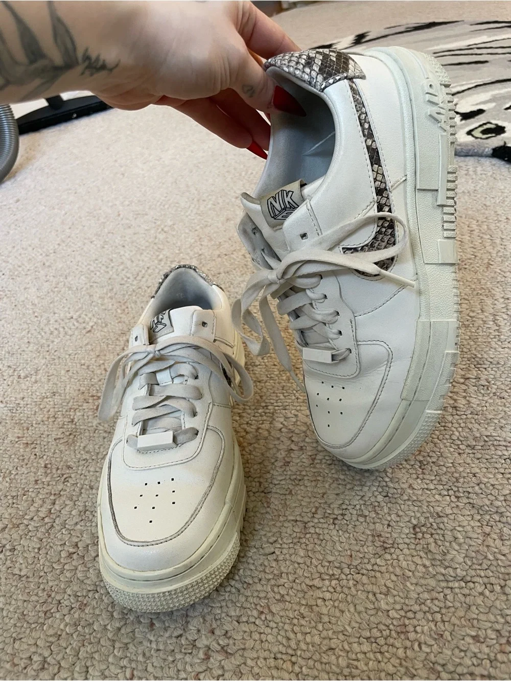 Nike AF1 White Platform Sneakers with Snake-Print Swoosh Everyday Staple Trendy - Picture 10 of 14